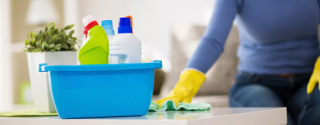 cleaning products in a tub and woman wearing rubber gloves