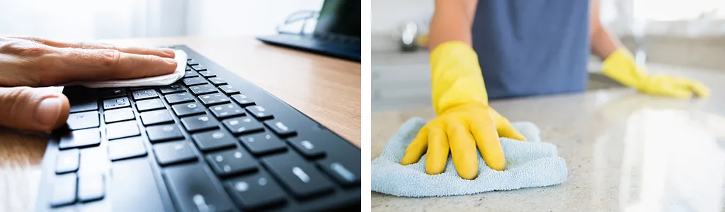hand wiping a computer keyboard with cloth, and hands in rubber gloves cleaning worktop